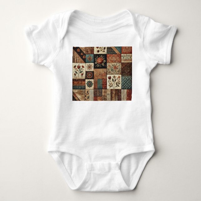 Terracotta Patchwork Rustic Retro Floral Design  Baby Bodysuit (Front)