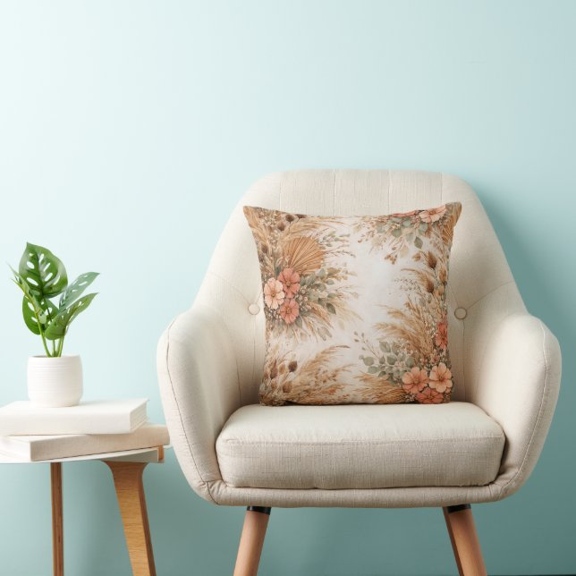 Terracotta Peach Boho Pampas Floral Cushion (Chair)