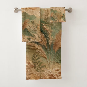 Terracotta Peach Pressed Flowers Bohemian Bath Towel Set