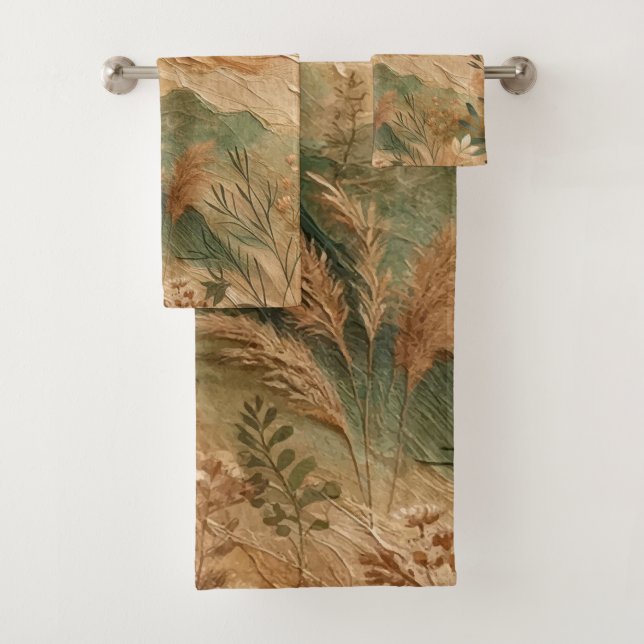 Terracotta Peach Pressed Flowers Bohemian  Bath Towel Set (Insitu)