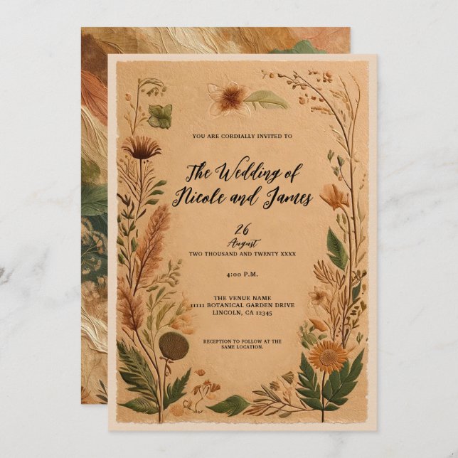 Terracotta Peach Pressed Flowers Boho Wedding Invitation (Front/Back)