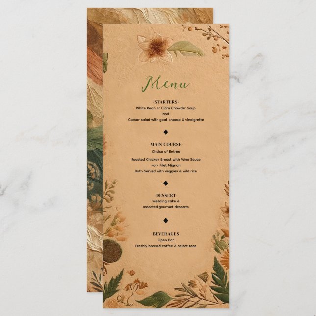 Terracotta Peach Pressed Flowers Boho Wedding Menu (Front/Back)