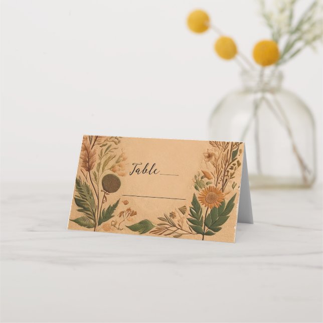 Terracotta Peach Pressed Flowers Boho Wedding  Place Card (Front)
