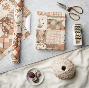 Terracotta Peach Quilt Earthy Gingham Cottagecore  Wrapping Paper