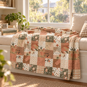 Terracotta Peach Quilt Patchwork Gingham Floral Fleece Blanket