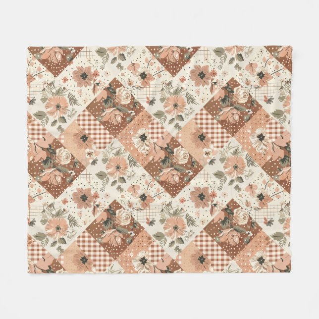 Terracotta Peach Quilt Patchwork Gingham Floral Fleece Blanket (Front (Horizontal))