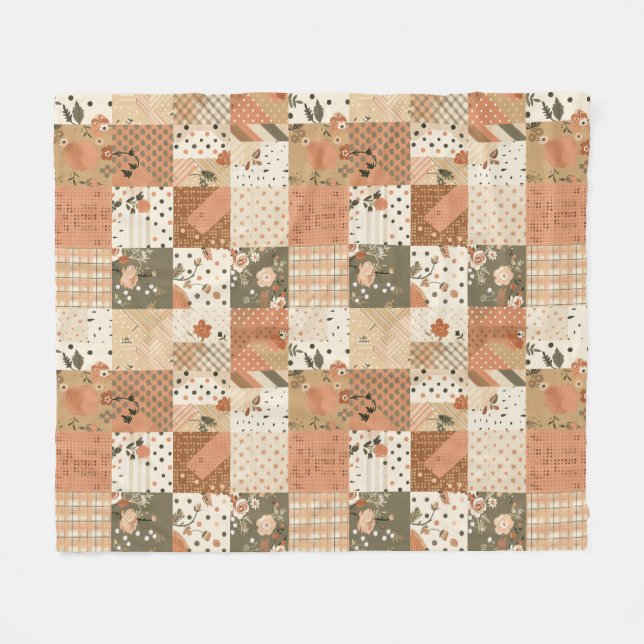 Terracotta Peach Quilt Patchwork Gingham Floral Fleece Blanket (Front (Horizontal))
