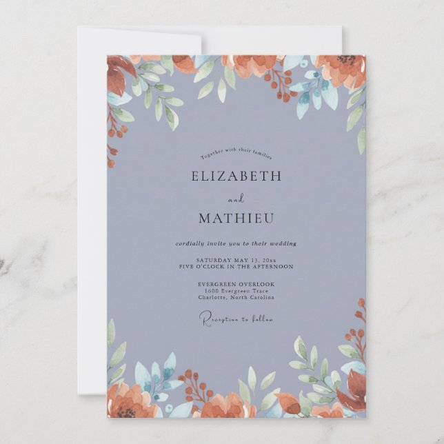 Terracotta Periwinkle Blossom Wedding Invitation (Front)