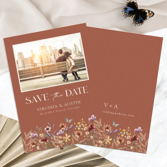 Terracotta Photo Boho Save The Date (Terracotta Photo Boho Floral Save The Date Announcement by Painted Paperie
)