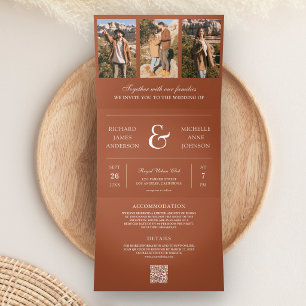 Terracotta Photo Collage QR Code Wedding Tri-Fold Invitation