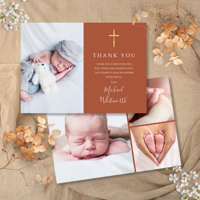 Terracotta Photo Collage Script Baptism Thank You Card (Terracotta Photo Collage Script Baptism Thank You Card)