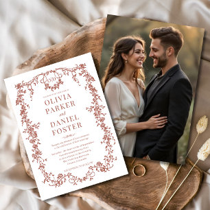 Terracotta Photo Floral Victorian French Wedding  Invitation