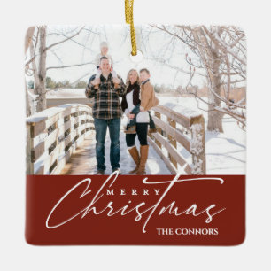 Terracotta Photo Merry Christmas Script Family Ceramic Ornament