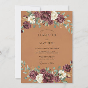 Terracotta Plum Flower Eucalyptus Wedding Invitation