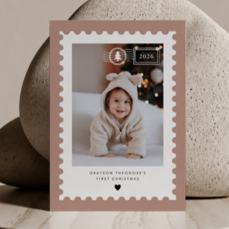 Terracotta Postage Stamp Baby's 1st Christmas Holiday Card