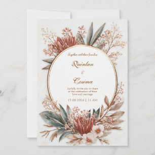 Terracotta Protea Teal Leaf Gold Circle Wedding Invitation