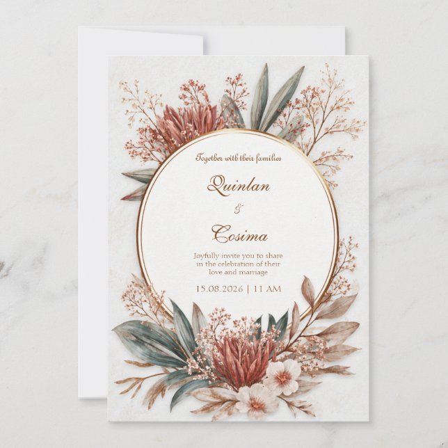 Terracotta Protea Teal Leaf Gold Circle Wedding Invitation (Front)