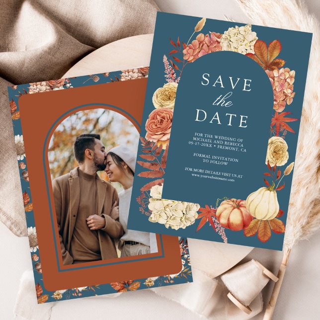 Terracotta Pumpkin Floral Dusty Blue Wedding Save The Date (Creator Uploaded)