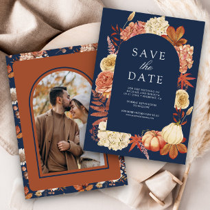 Terracotta Pumpkin Floral Navy Blue Wedding Save The Date