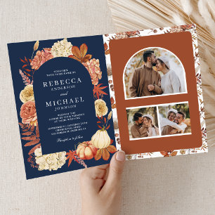 Terracotta Pumpkin Floral QR Code Navy Wedding Invitation