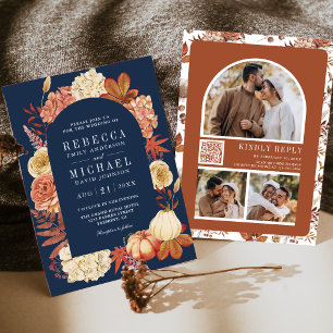 Terracotta Pumpkin Floral QR Code Navy Wedding Invitation