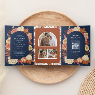Terracotta Pumpkin Floral QR Code Navy Wedding Tri-Fold Invitation