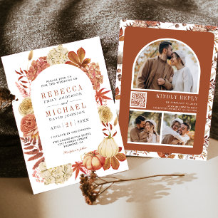 Terracotta Pumpkin Floral QR Code Wedding Invitation
