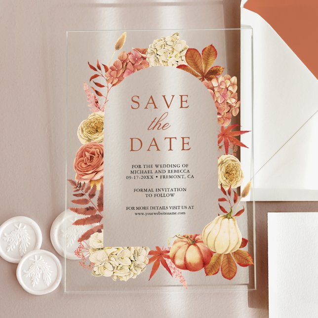 Terracotta Pumpkin Floral Wedding Save the Date Acrylic Invitations (Creator Uploaded)
