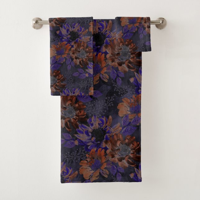 Terracotta, purple flowers on a velvety grey  bath towel set (Insitu)