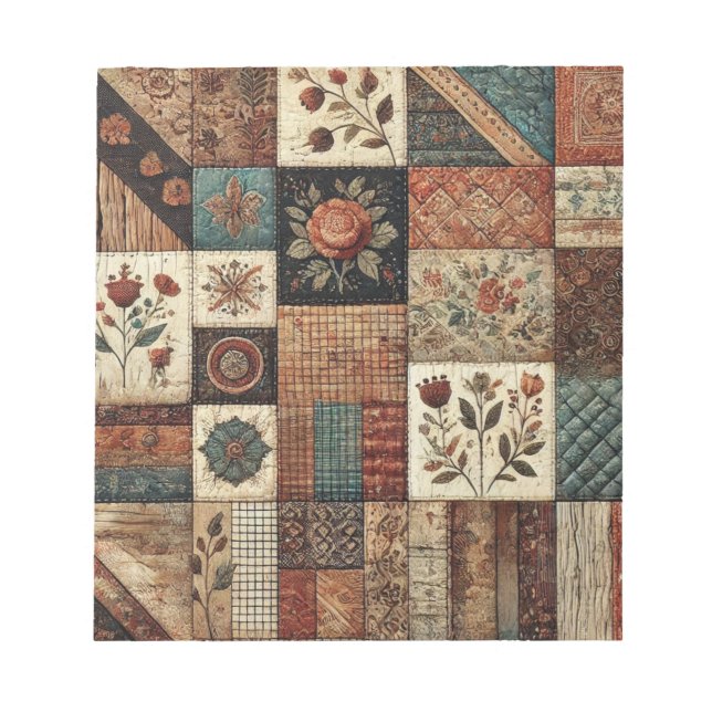 Terracotta Quilt and Patchwork Colourful Floral  Notepad (Front)