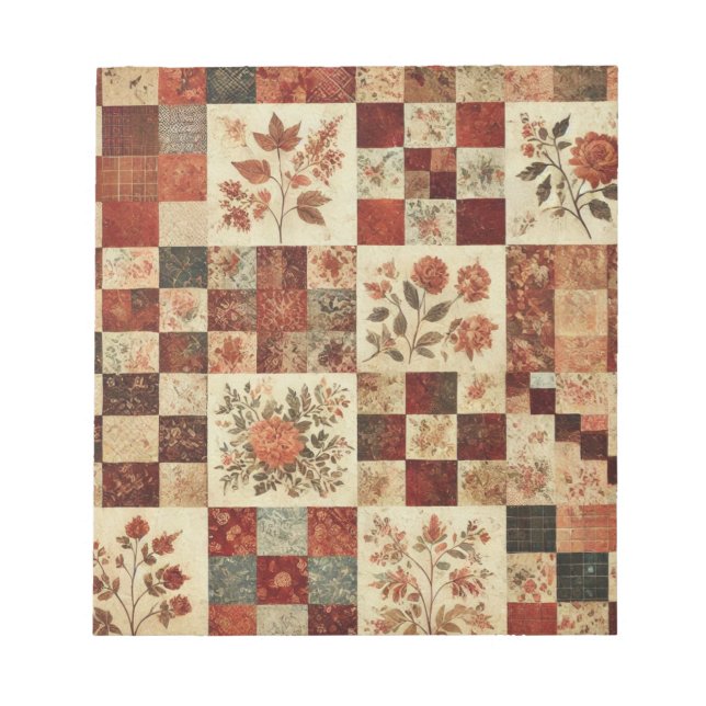 Terracotta Quilt and Patchwork Colourful Floral  Notepad (Front)