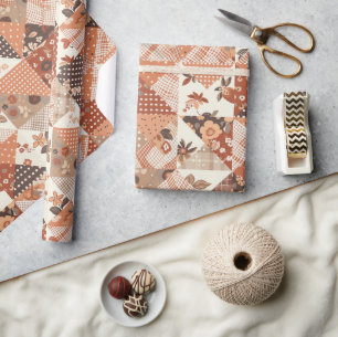 Terracotta Quilt Gingham Cottagecore Floral Wrapping Paper