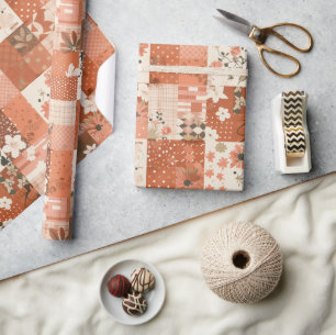 Terracotta Quilt Gingham Cottagecore Floral Wrapping Paper