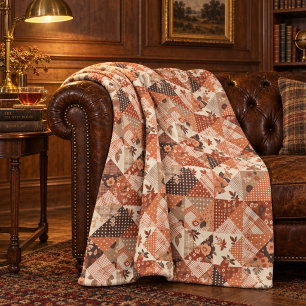 Terracotta Quilt Patchwork Gingham Cottagecore Fleece Blanket