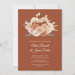 Terracotta Ranunculus and Dried Palm Wedding Invitation