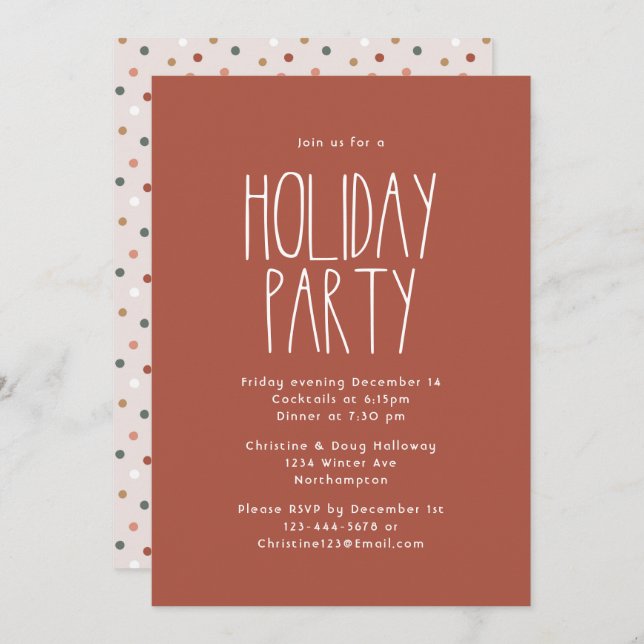 Terracotta Red Boho Polka Dot Christmas Party Invitation (Front/Back)