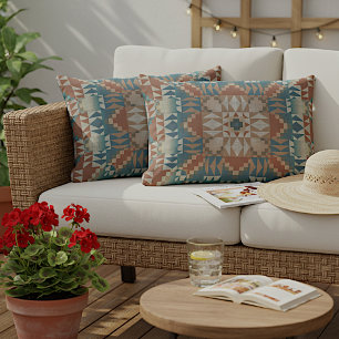 Terracotta Red Brown Beige Teal Blue Tribal Art Lumbar Cushion