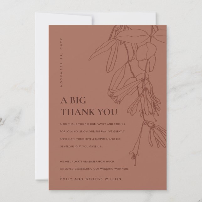 TERRACOTTA RED RUST LINE DRAWING FLORAL WEDDING THANK YOU CARD (Front)