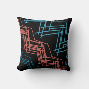 Terracotta Red Turquoise Black Diagonal Squiggles Cushion