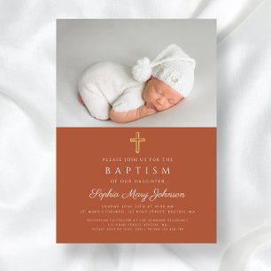 Terracotta Religious Cross Photo Baptism Invitation