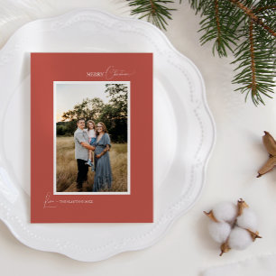 Terracotta Retro Boho Minimalist Letter and Photo Holiday Card