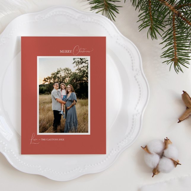 Terracotta Retro Boho Minimalist Letter and Photo Holiday Card (Creator Uploaded)