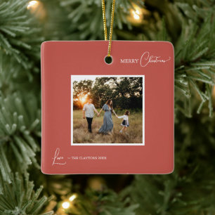 Terracotta Retro Boho Minimalist Photo Christmas Ceramic Ornament