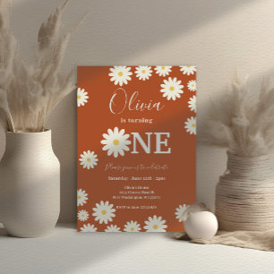 Terracotta Retro Daisy Floral 1st Birthday Party  Invitation