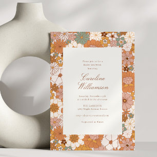 Terracotta Retro Fall Floral Modern Baby Shower Invitation