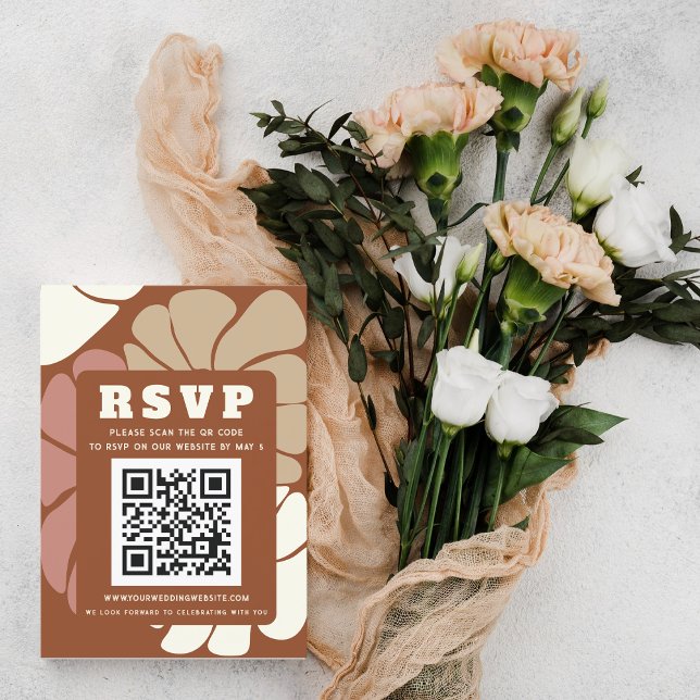 Terracotta Retro Groovy Boho Chic QR CODE RSVP Card (Terracotta Retro Groovy Boho Chic QR CODE RSVP Card)