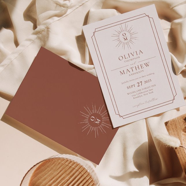 Terracotta Retro Mid Century 70s Monogram Wedding Invitation (Creator Uploaded)