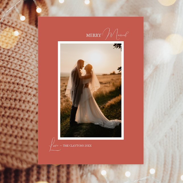 Terracotta Retro Minimalist Merry Married Portrait Holiday Card (Creator Uploaded)
