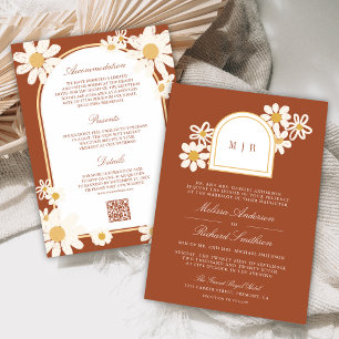 Terracotta Retro Yellow Daisy All in One Wedding Invitation