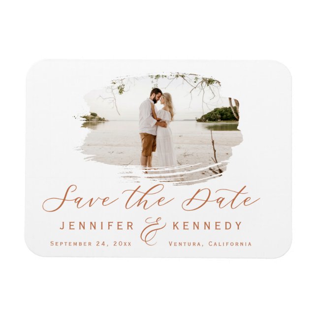 Terracotta Romantic Brushed Photo Save the Date Magnet (Horizontal)